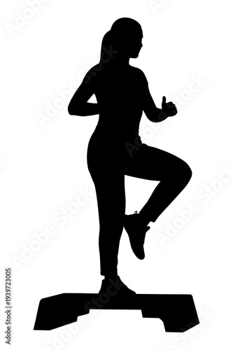 Dynamic woman silhouette vector illustration performing fitness step training.