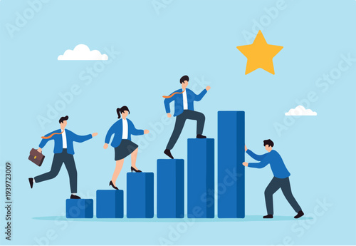 Flat illustration of business leader building bar chart staircase for team to reach startup success goal