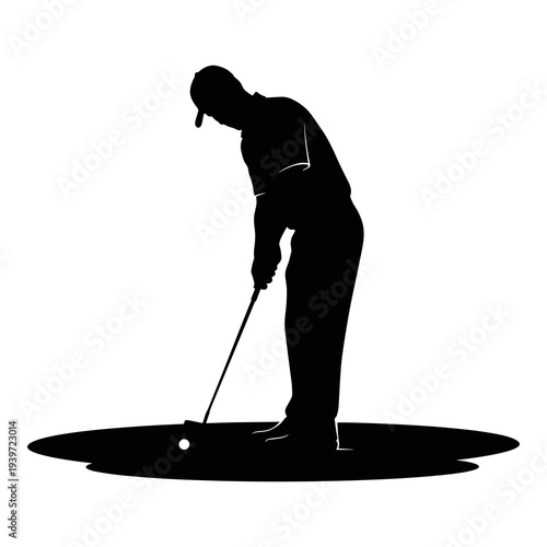Vector silhouette illustration of a golfer putting ball near the hole