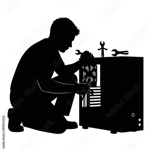Silhouette graphic design of technician repairing computer system hardware components inside