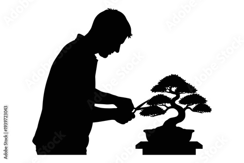 Gardener silhouette carefully pruning a small potted bonsai tree illustration