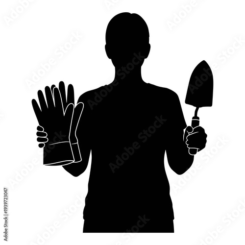 Vector silhouette illustration of a person holding gardening gloves and trowel