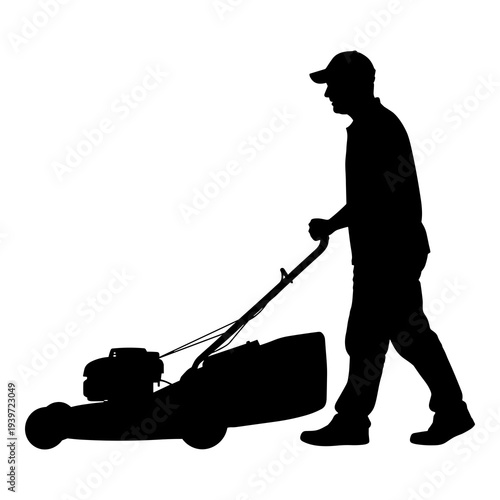 Vector graphic illustration depicting a man pushing a lawnmower