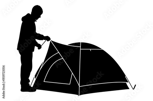 Outdoor enthusiast setting up a camping tent vector graphic design
