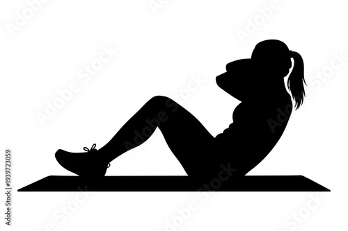 Silhouette graphic of fit woman performing abdominal crunches exercise on mat