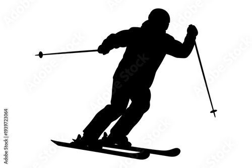 Silhouette graphic illustration of downhill skier actively descending a snowy slope