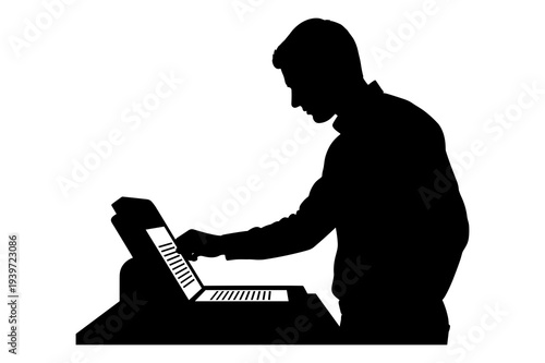 Silhouette graphic illustration of man working diligently on a portable computer