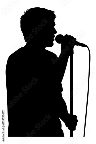 Silhouette vector graphic of male vocalist passionately singing into microphone stand