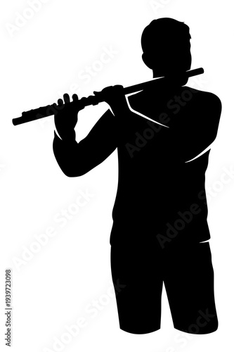Musician silhouette playing a wooden flute or transverse wind instrument