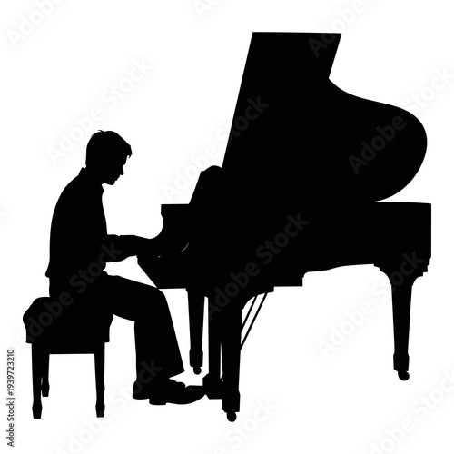 Musician silhouette playing a grand piano in black vector graphic