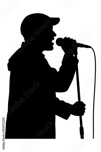 Silhouette illustration of a music artist singing passionately into a microphone.