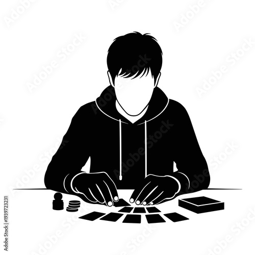 Vector graphic illustration of a focused person playing trading card games