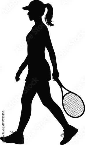 Silhouette of a female tennis player walking with a racket
