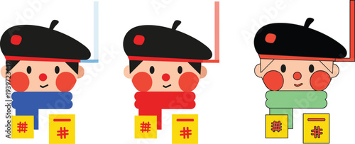 Set of cute cartoon boy characters wearing black beret hats and colorful scarves for winter season stickers school icons and childhood vector art