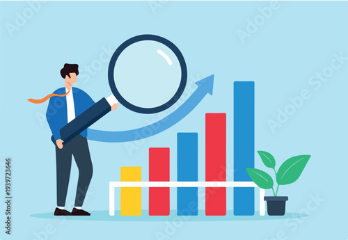 Flat illustration of businessman magnifies benchmark metric graph evaluating key performance indicators