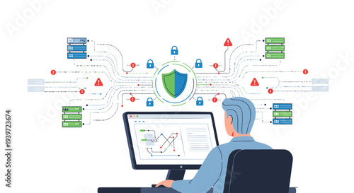 Vector illustration of a person working on a computer with cybersecurity concept isolated on White Background