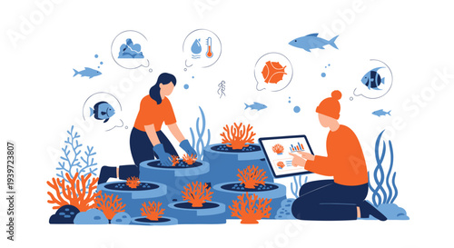 Vector illustration of two people working on ocean conservation project isolated on White Background