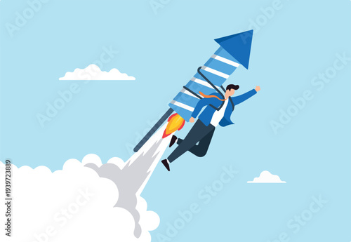 Flat illustration of businessman flying upward with rocket on back symbolizing fast business growth and ambitious career breakthrough