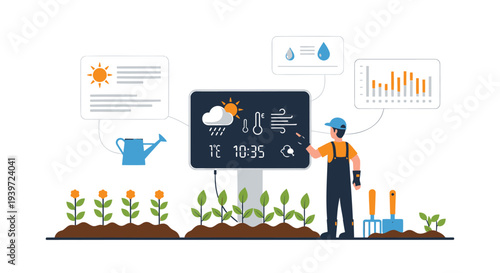 Vector illustration of farmer with smart farming technology and weather forecast isolated on White Background