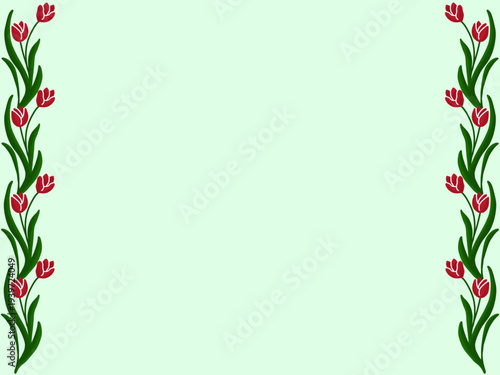Aesthetic white background with tulip decoration on the left and right side. Design for greeting cards, backgrounds, invitations, and journals.