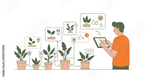 Vector illustration of man analyzing plants on tablet with infographics isolated on White Background