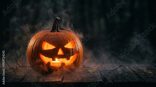 Spooky Halloween pumpkin lantern glowing with eerie light and mist on a rustic wooden table, perfect for holiday decorations and scary themes