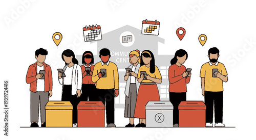 People in line with luggage and smartphones waiting for check in or boarding at airport terminal with calendar and map icons