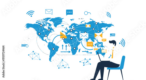 Vector illustration of person working on laptop with global network icons isolated on White Background