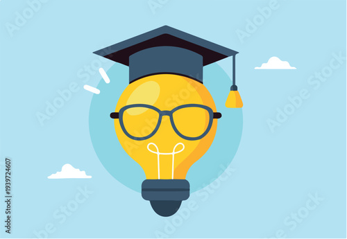 Flat illustration genius bright lightbulb wearing eyeglasses and graduation cap symbolizing knowledge and creativity