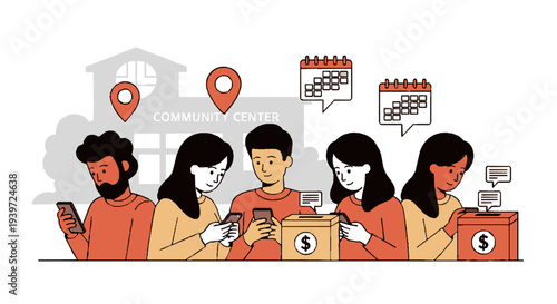 People using mobile devices for finance and communication with calendar and location icons