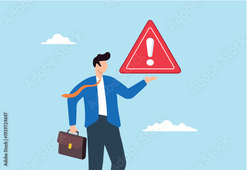 Flat illustration of businessman hold exclamation mark sign concerned about solving problem