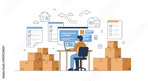 Vector illustration of a person working at a desk surrounded by boxes and digital icons isolated on White Background