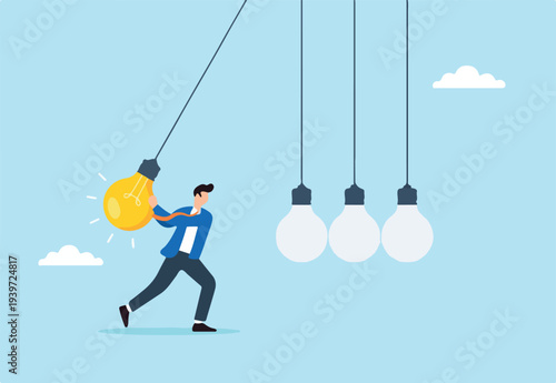 Flat illustration of businessman swinging glowing lightbulb as pendulum to spark creativity innovation and knowledge transfer