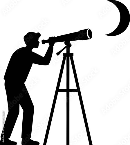 Man looking at crescent moon through telescope silhouette isolated on white background vector