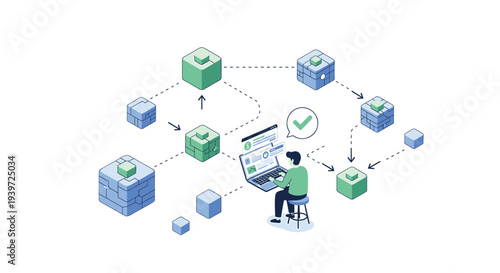 Vector illustration of a person working on a laptop with database and workflow icons isolated on White Background