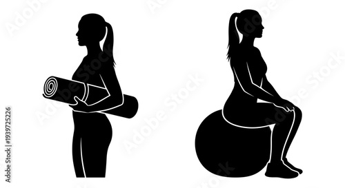 Set of 2 black silhouette vector illustrations of women engaged in fitness activities: one holding a yoga mat, the other sitting on an exercise ball, ideal for health and wellness designs.
