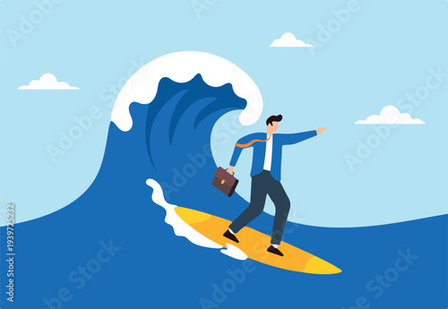Expert businessman surfing or riding wave to success direction, illustrating following business trends and momentum. Concept of overcoming difficulties, professional experience and career development