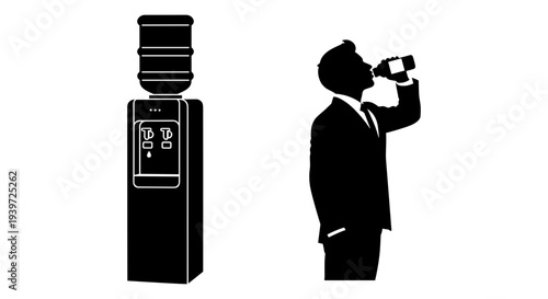 Black and white vector illustration of a man in a suit drinking from a bottle next to a water cooler dispenser, ideal for office hydration and health concepts.
