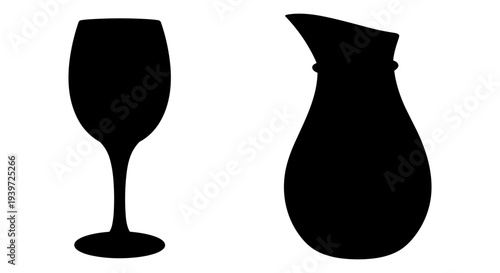 Minimalist Black Silhouette Vector of a Wine Glass and a Water Pitcher, Ideal for Beverage Menus, Drink-Related Graphics, or Restaurant Branding