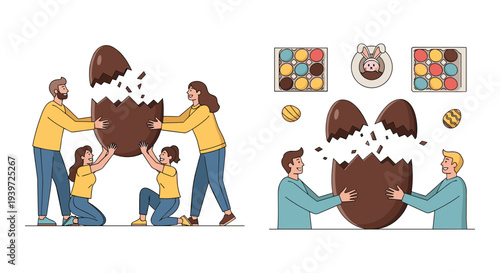 Set of 2 Easter chocolate egg breaking illustrations with people, candy, and a pig icon, perfect for holiday promotions and spring marketing vector