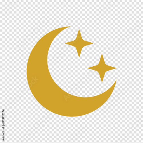 Golden crescent moon with two sparkling stars in a minimalist design Vector