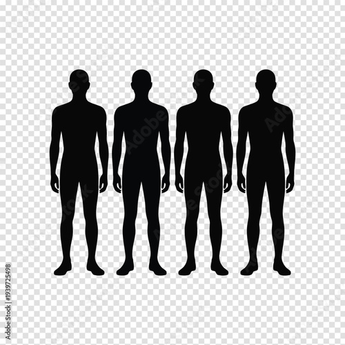 Four silhouetted human figures standing side by side in a uniform line Vector
