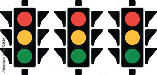 Three traffic lights displaying red, yellow, and green signals simultaneously in a row Vector
