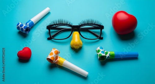 Colorful party accessories and fruits on blue background