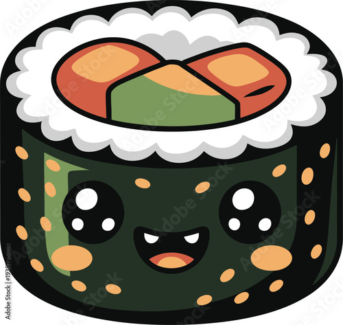 Cute kawaii sushi roll cartoon character vector illustration
