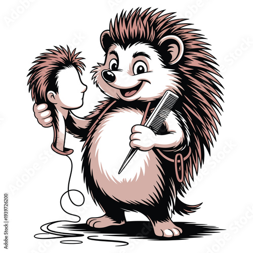 Hedgehog hairdresser with comb and wig head, whimsical professional animal character demonstrating styling and grooming services, funny pet salon mascot