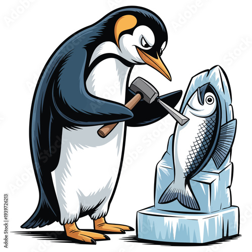 Penguin artist carves fish from ice block with chisel and hammer, creative winter art, arctic wildlife, unique hobby, cartoon style, isolated