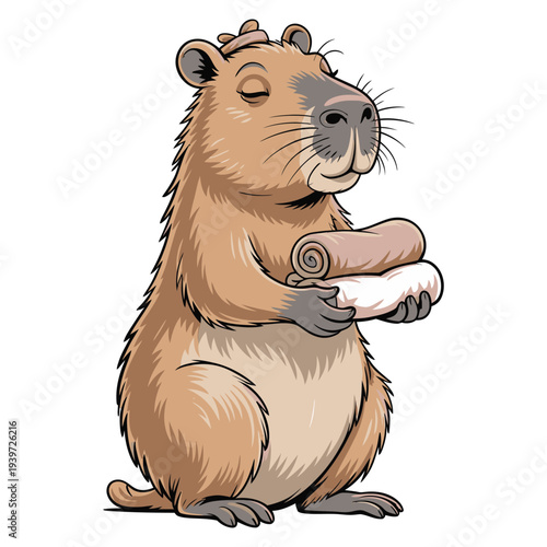Relaxed capybara in a spa setting wearing a headband, holding rolled towels, conveying tranquility and self care with serene expression