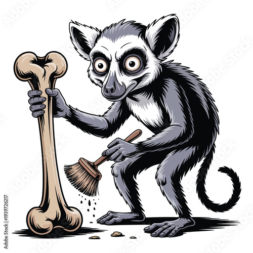 Ring-tailed lemur holding large bone and cleaning brush, cartoon style, primate character brushing artifact, funny zoo animal digging for treasure
