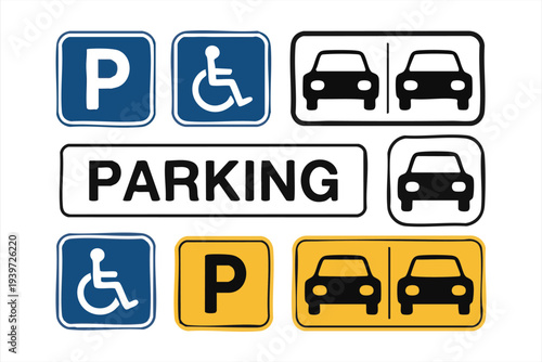 Parking signs including handicapped parking regular parking and general parking lot symbols